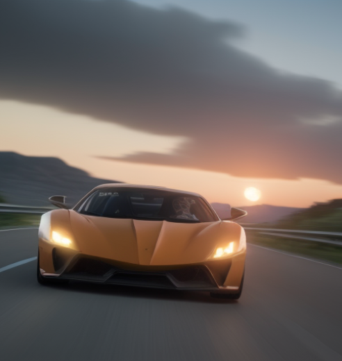 An orange supercar driving on the road at sunset.