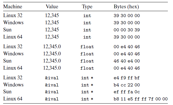 byte representations of different data values